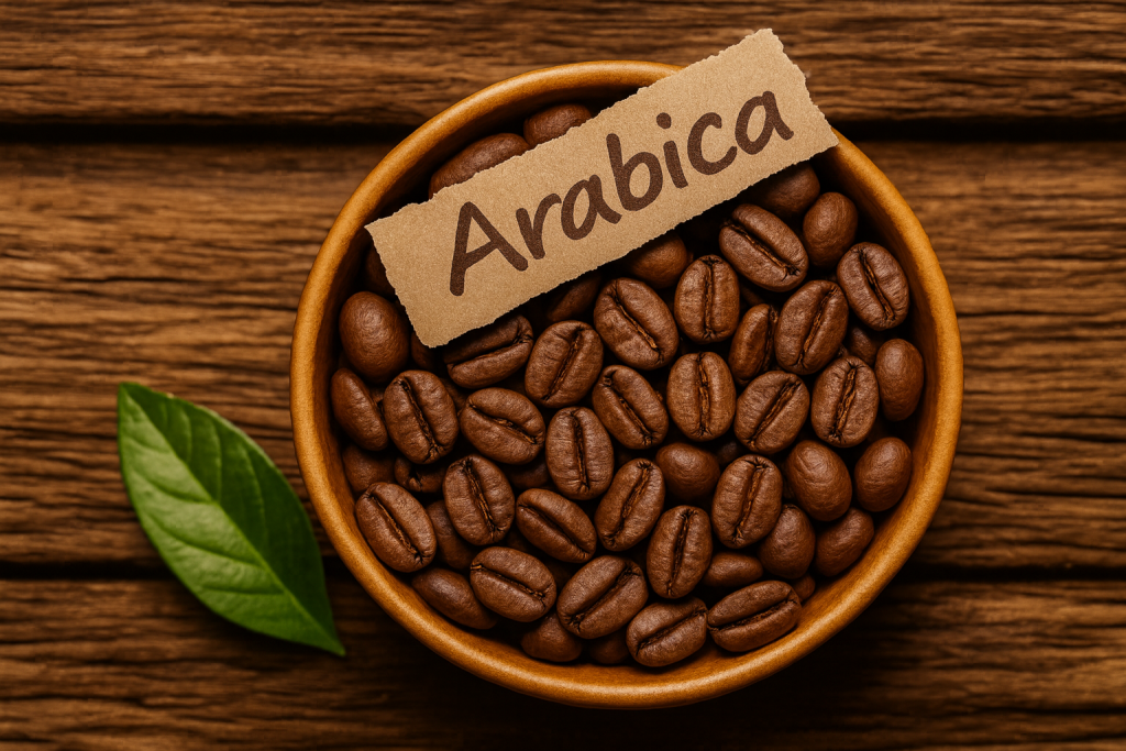 Organic Arabica coffee beans in a wooden bowl with a green leaf - whole roasted beans for brewing or natural scrubs.