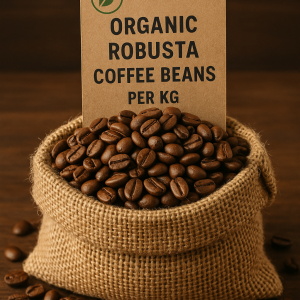 Organic Robusta coffee beans in a burlap sack - whole roasted beans (per kg).