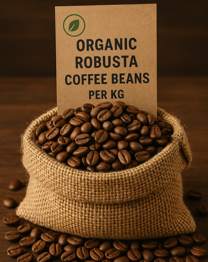 Organic Robusta coffee beans in a burlap sack - whole roasted beans (per kg).