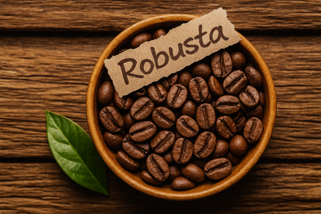 Organic Robusta coffee beans in a wooden bowl with a green leaf on a rustic wooden table - whole roasted beans.
