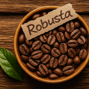 Organic Robusta coffee beans in a wooden bowl with a green leaf on a rustic wooden table - whole roasted beans.