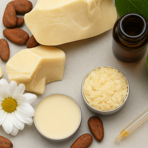 Cocoa butter chunks, cocoa beans - natural skincare ingredients.