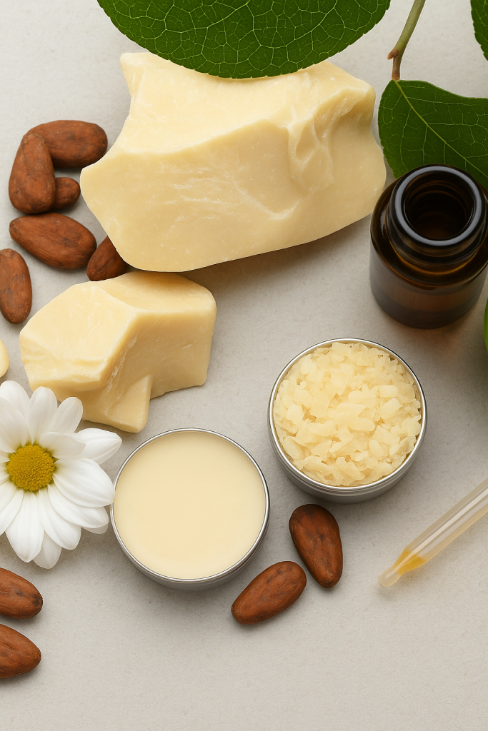 Cocoa butter chunks, cocoa beans - natural skincare ingredients.