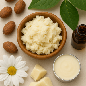 Whipped shea butter in a wooden bowl with shea nuts, chamomile flower, green leaves and a small balm tin - natural skincare ingredients.