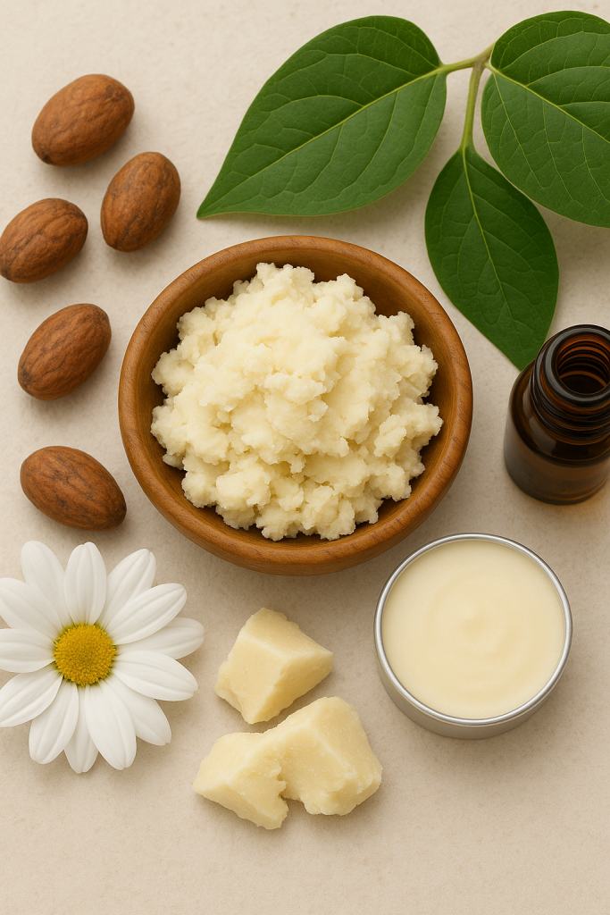 Whipped shea butter in a wooden bowl with shea nuts, chamomile flower, green leaves and a small balm tin - natural skincare ingredients.