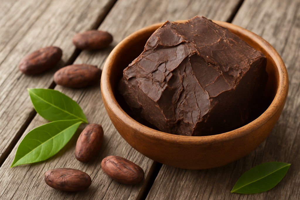Raw cacao paste (cocoa mass) chunk in a wooden bowl with cocoa beans and green leaves - natural skincare ingredient.