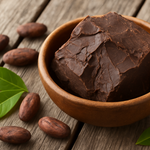 Raw cacao paste (cocoa mass) chunk in a wooden bowl with cocoa beans and green leaves - natural skincare ingredient.