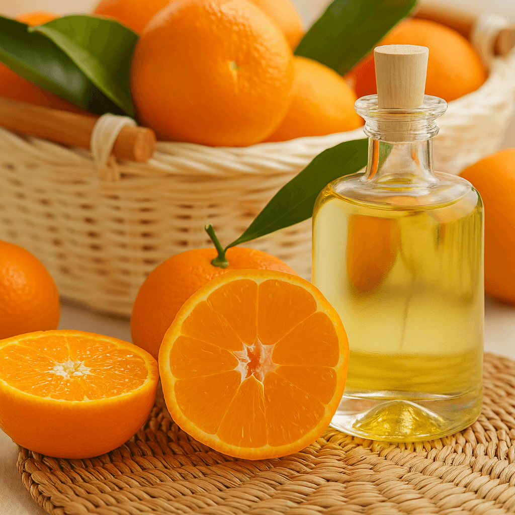 Fresh oranges with glass bottle of orange essential oil on woven mat