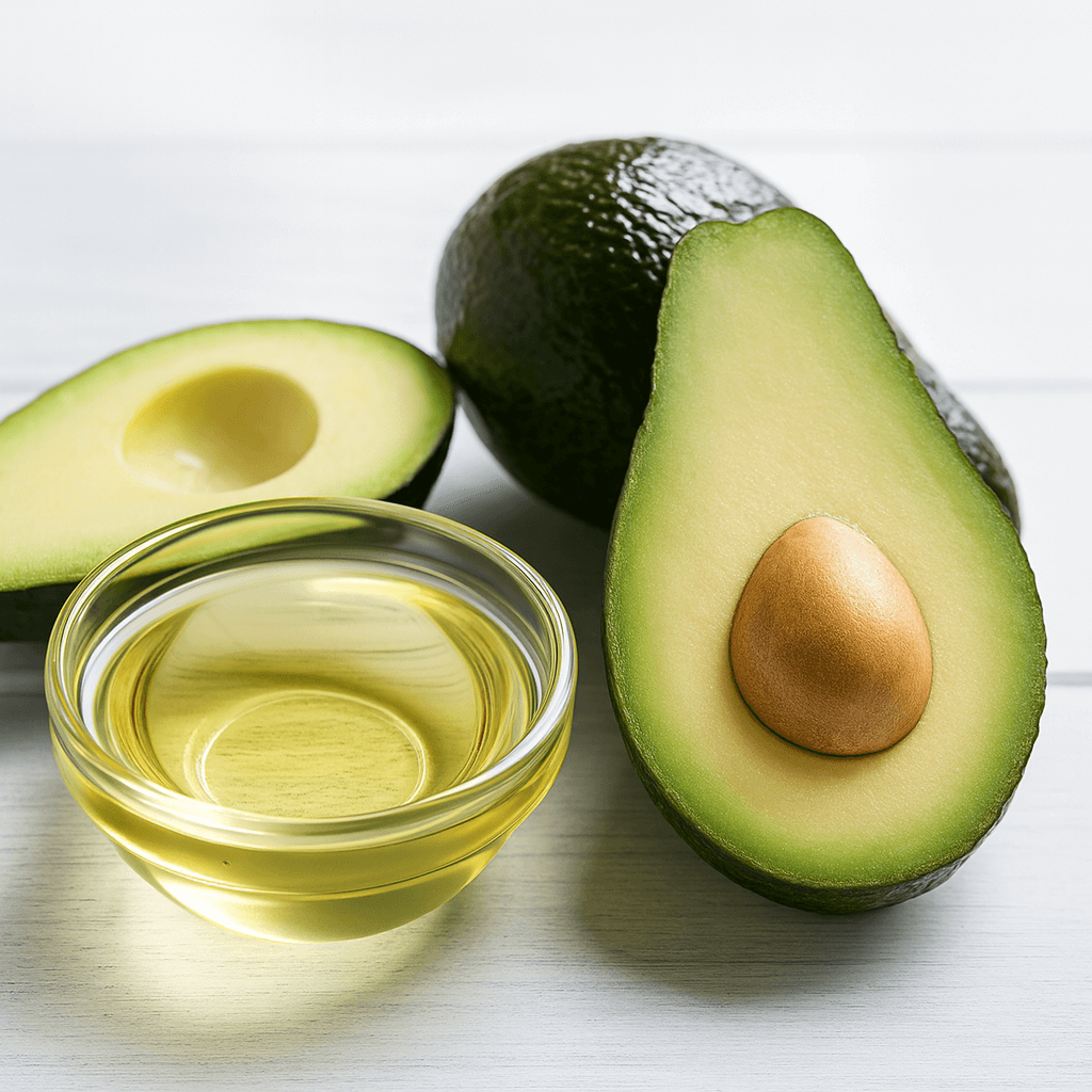 Fresh avocados with a glass bowl of avocado oil on white wooden background