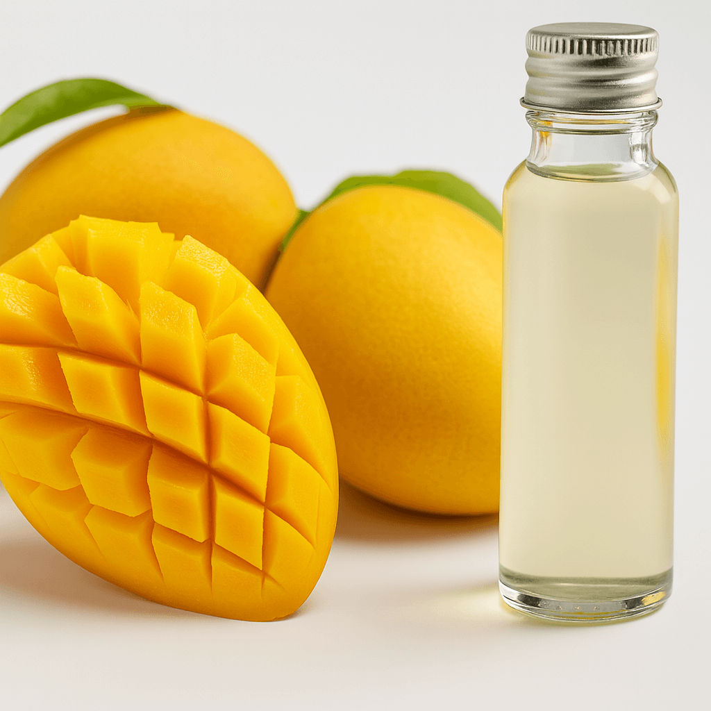 Fresh ripe mangoes with a glass bottle of natural mango oil on white background