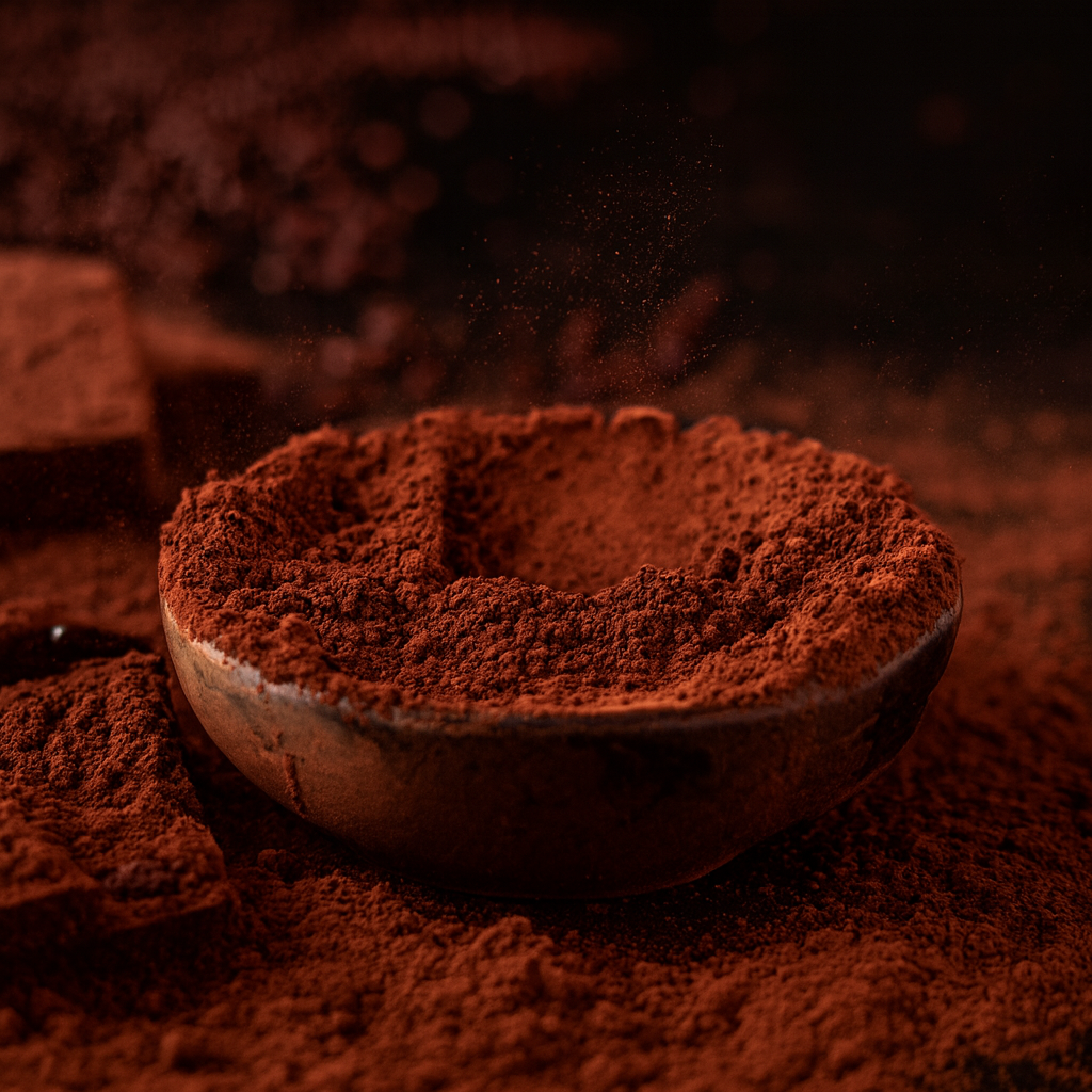 Rich cocoa (cacao) powder in a ceramic bowl with scattered dust - antioxidant-packed ingredient for DIY scrubs, masks & balms.
