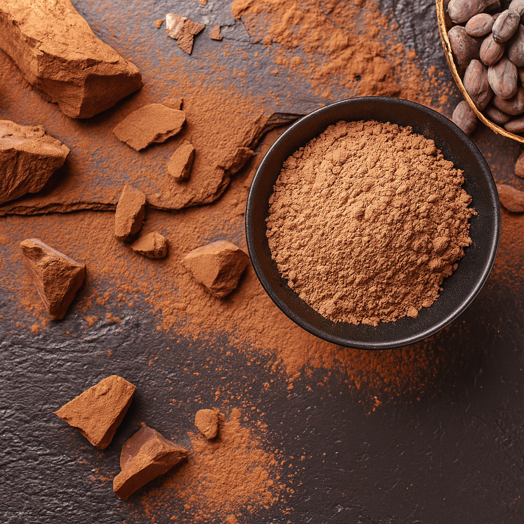 Cacao (cocoa) powder in a bowl with cocoa chunks - antioxidant-rich ingredient for DIY scrubs, masks and balms.