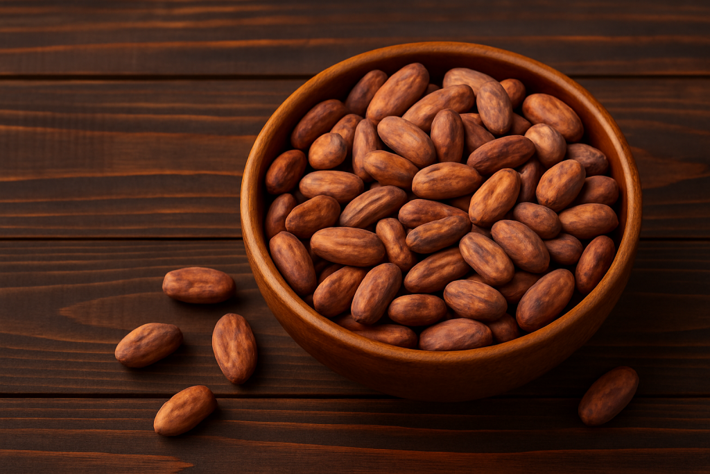 Raw cacao beans in a wooden bowl on burlap - antioxidant-rich ingredient for natural skincare and beauty formulations.