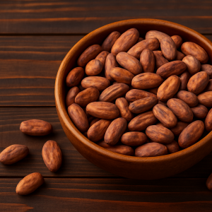 Raw cacao beans in a wooden bowl on burlap - antioxidant-rich ingredient for natural skincare and beauty formulations.