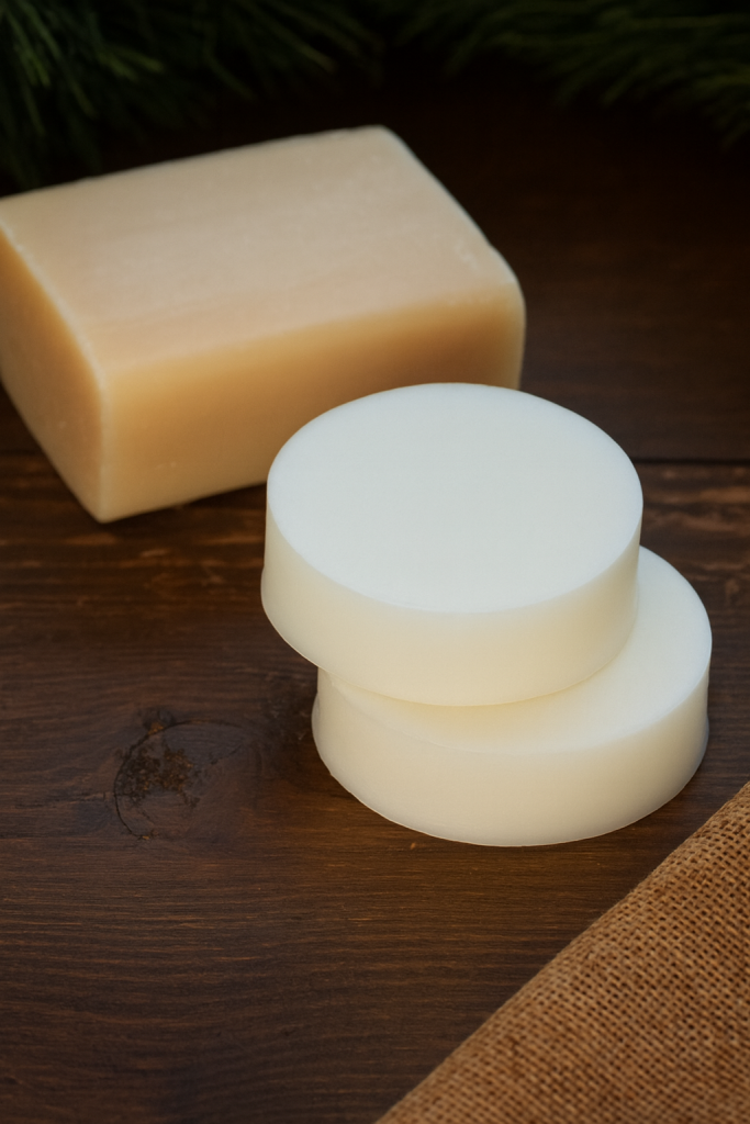 Natural handmade soap bars on wooden surface with rustic background