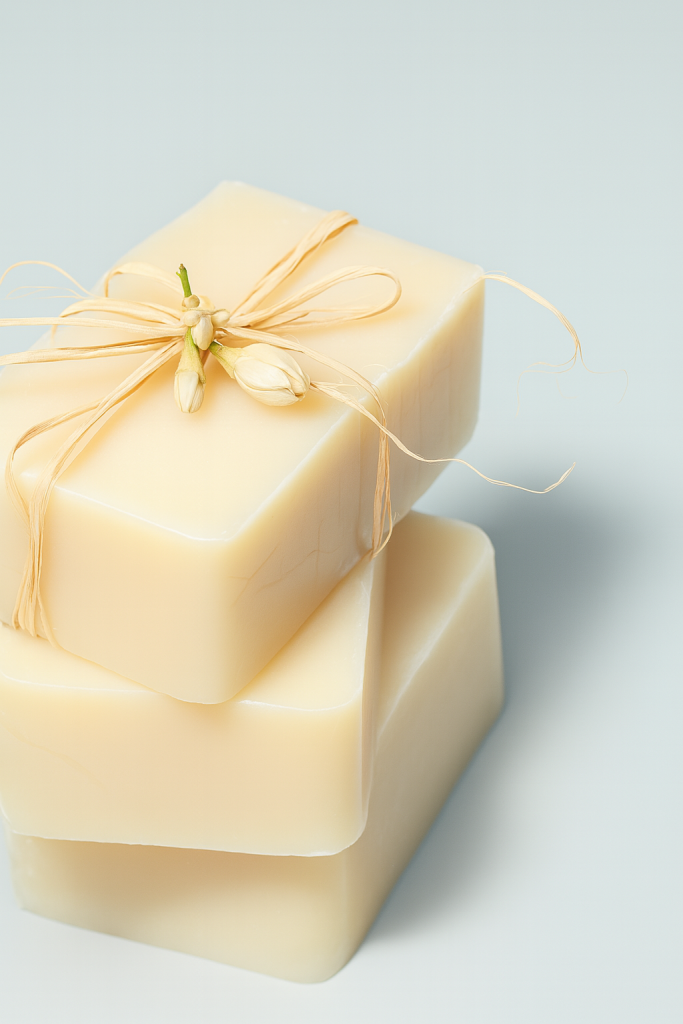 Handmade natural soap bars tied with dried flowers and twine on a neutral background